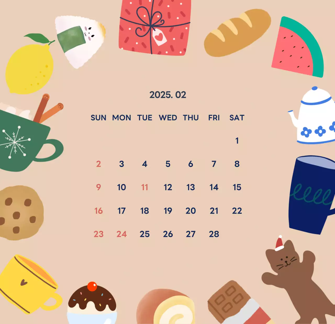 ネイビーブルーとベージュのかわいい2025年卓上カレンダー