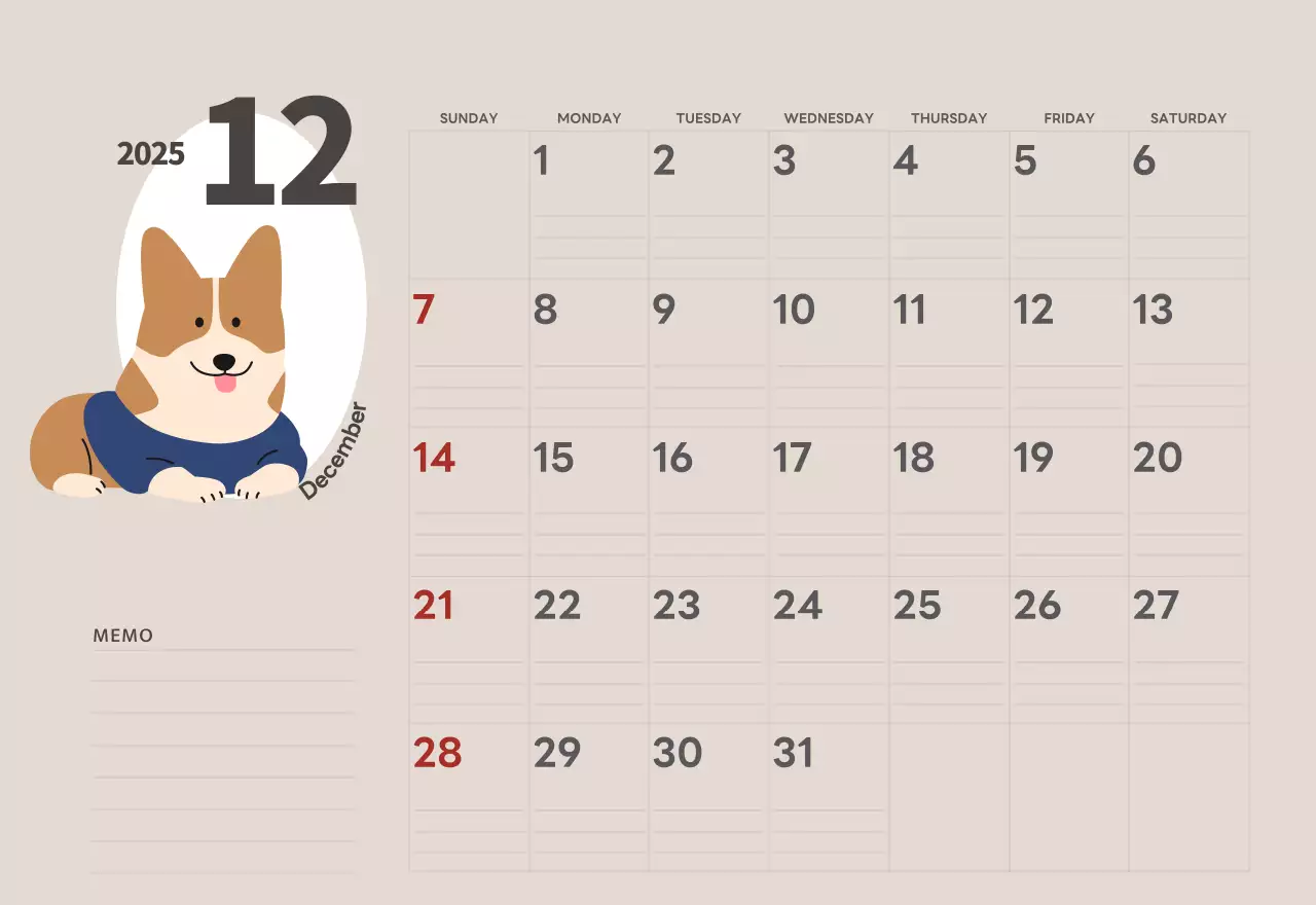 ベージュとグリーンのかわいい2025年子犬の卓上カレンダー