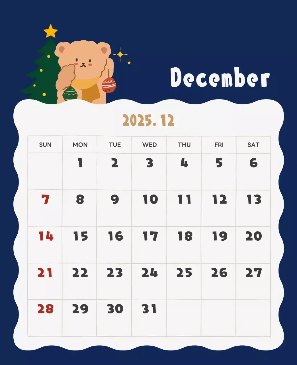 ネイビーブルーとベージュのかわいい2025年卓上カレンダー