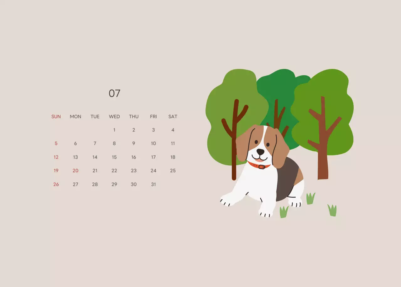ベージュとグリーンのかわいい2025年子犬の卓上カレンダー