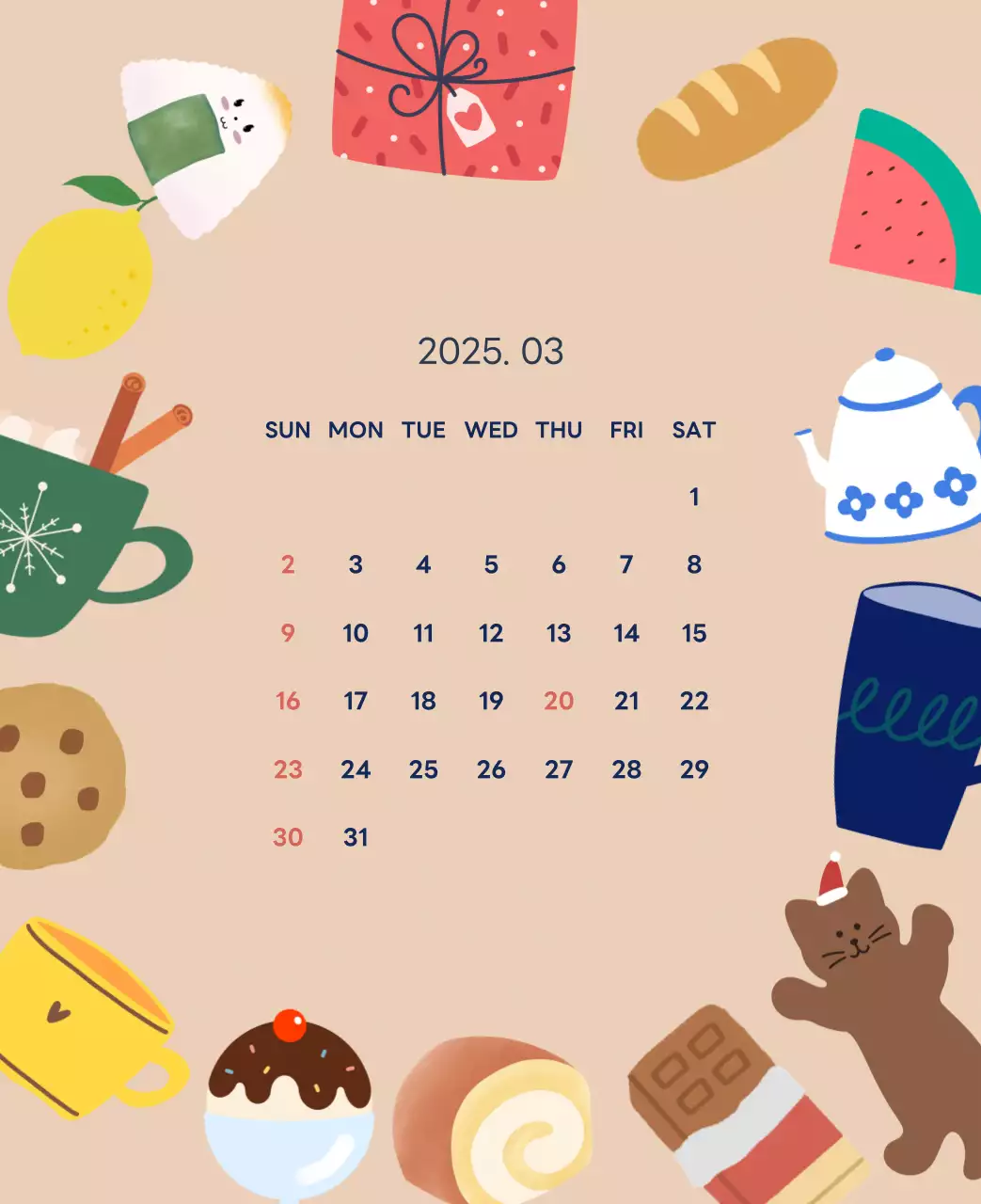 ネイビーブルーとベージュのかわいい2025年卓上カレンダー