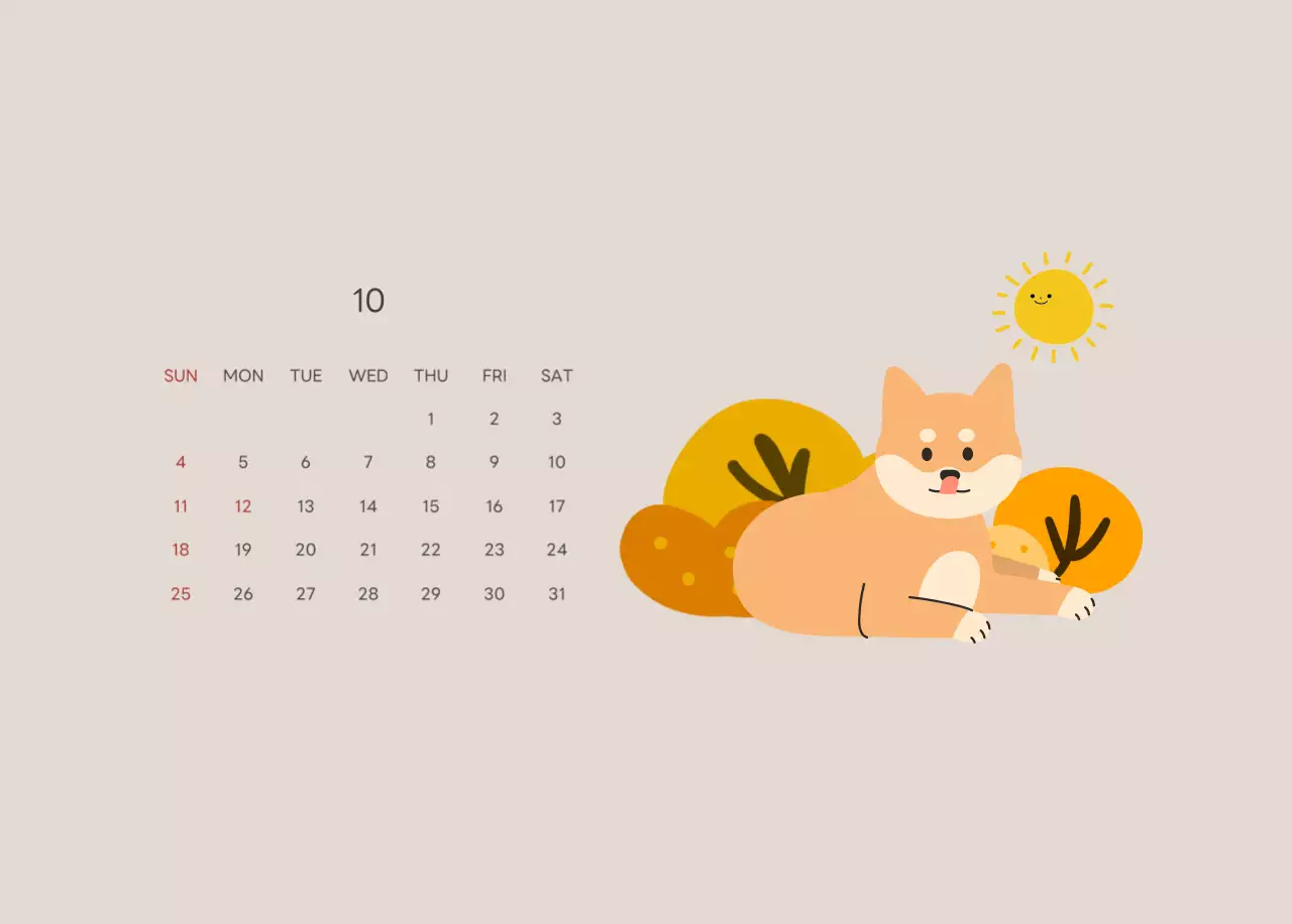 ベージュとグリーンのかわいい2025年子犬の卓上カレンダー