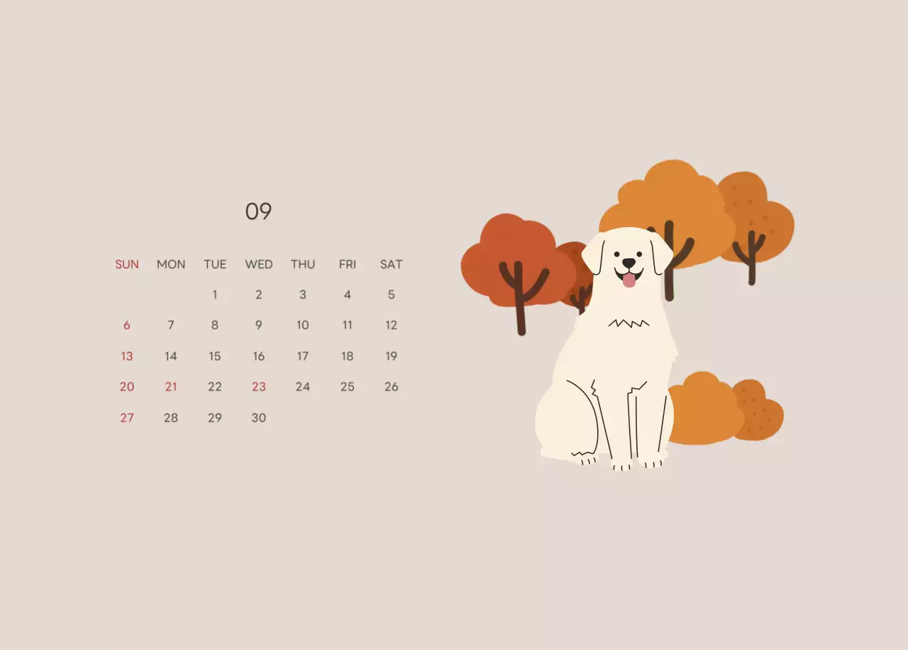 ベージュとグリーンのかわいい2025年子犬の卓上カレンダー