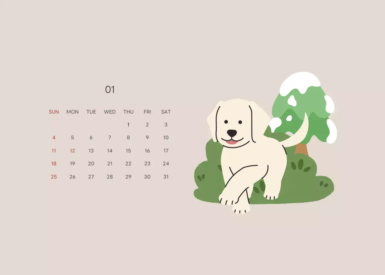 ベージュとグリーンのかわいい2025年子犬の卓上カレンダー
