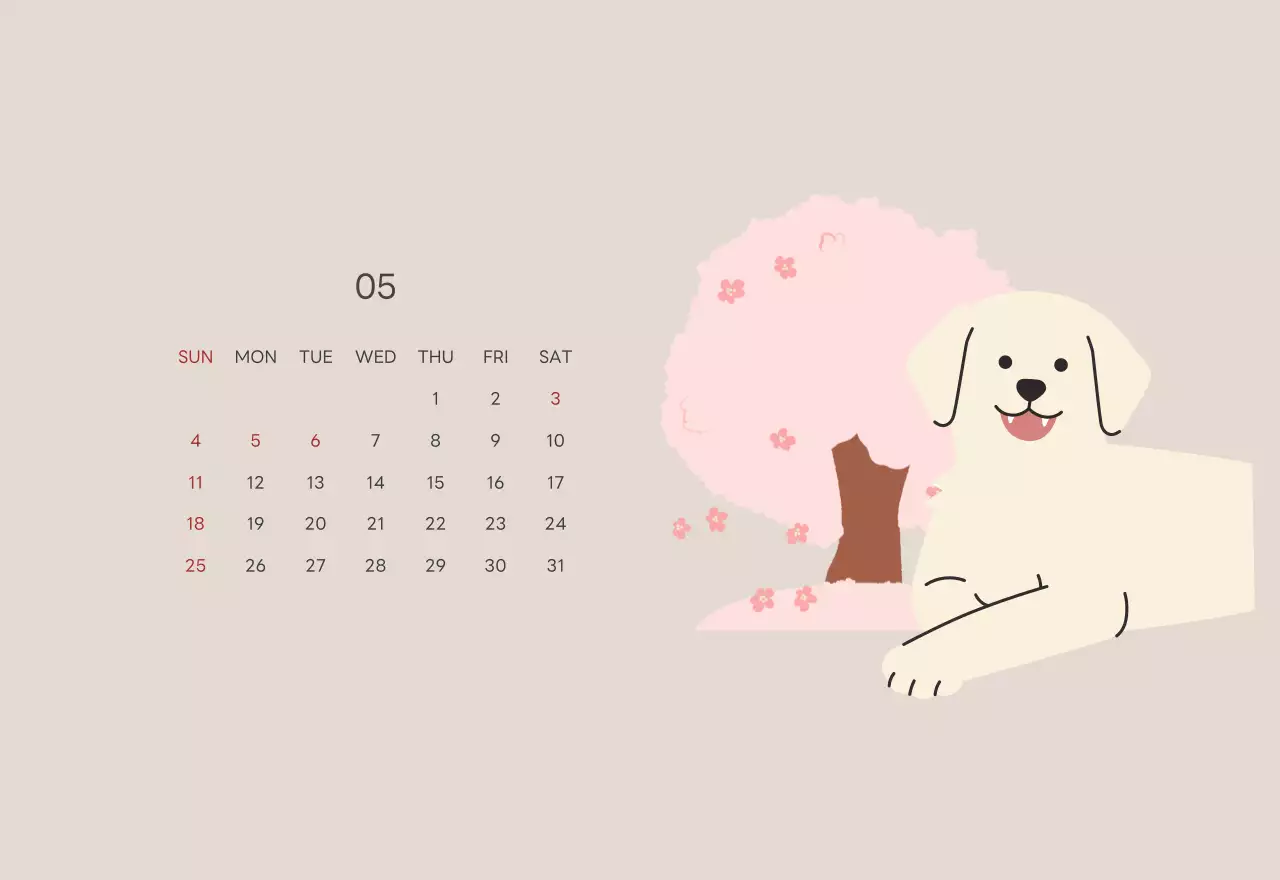 ベージュとグリーンのかわいい2025年子犬の卓上カレンダー