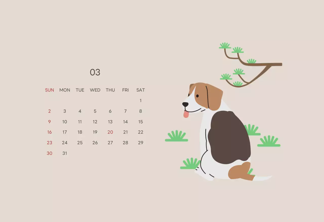 ベージュとグリーンのかわいい2025年子犬の卓上カレンダー