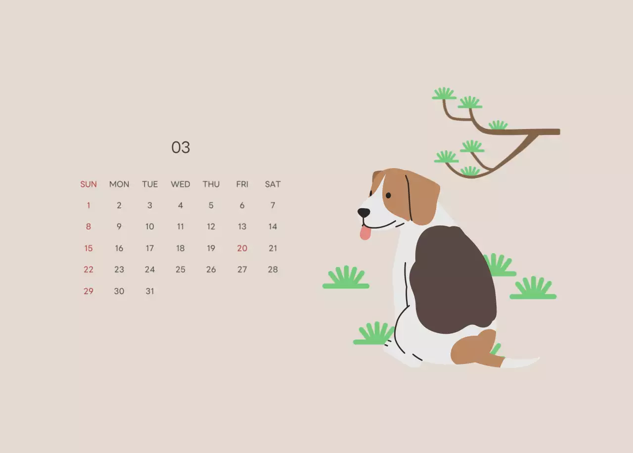 ベージュとグリーンのかわいい2025年子犬の卓上カレンダー