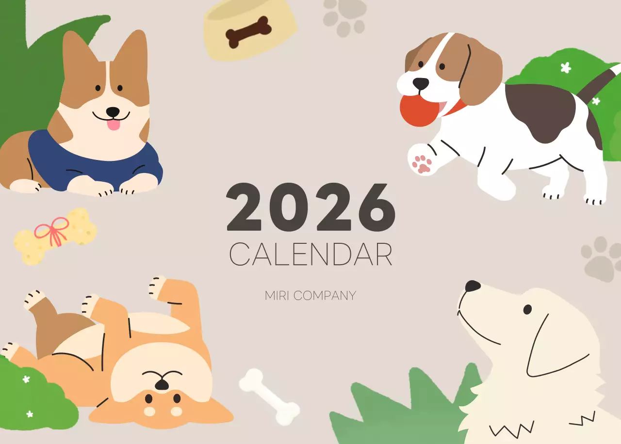 ベージュとグリーンのかわいい2025年子犬の卓上カレンダー