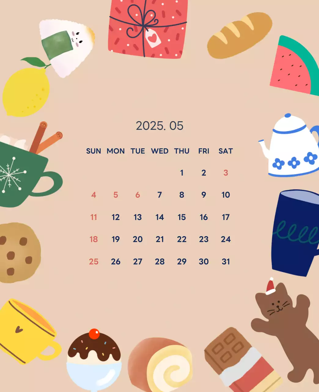 ネイビーブルーとベージュのかわいい2025年卓上カレンダー