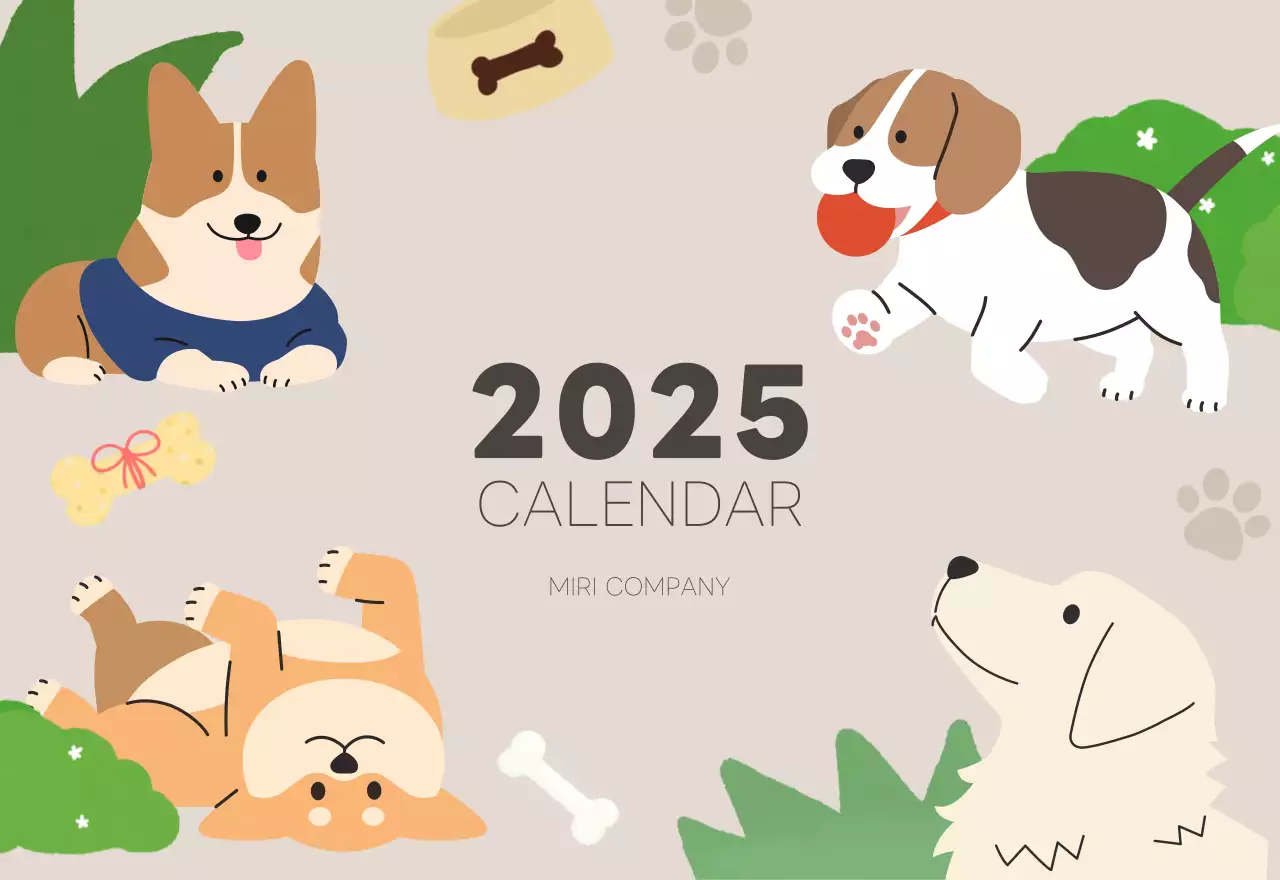ベージュとグリーンのかわいい2025年子犬の卓上カレンダー