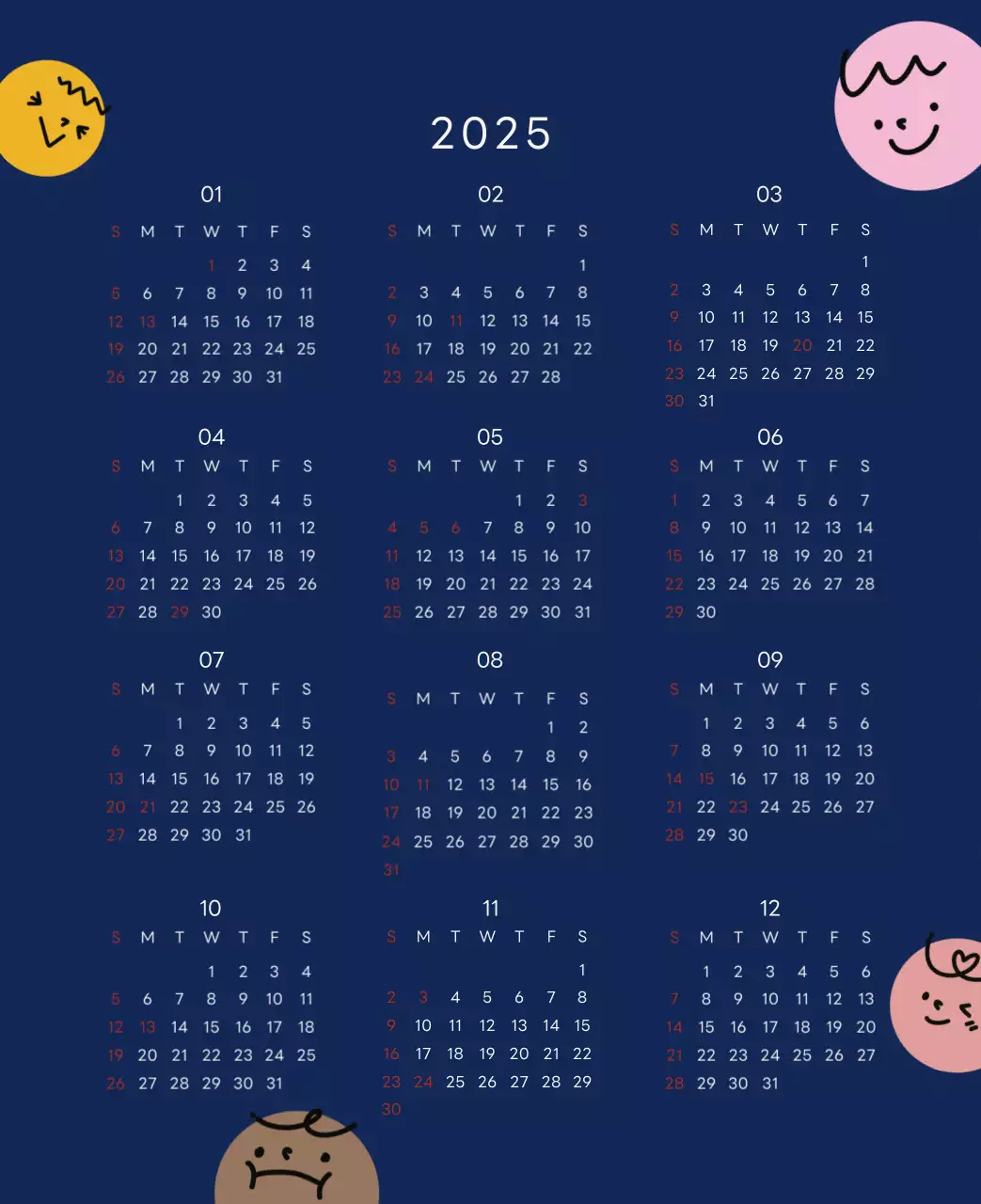 ネイビーブルーとベージュのかわいい2025年卓上カレンダー