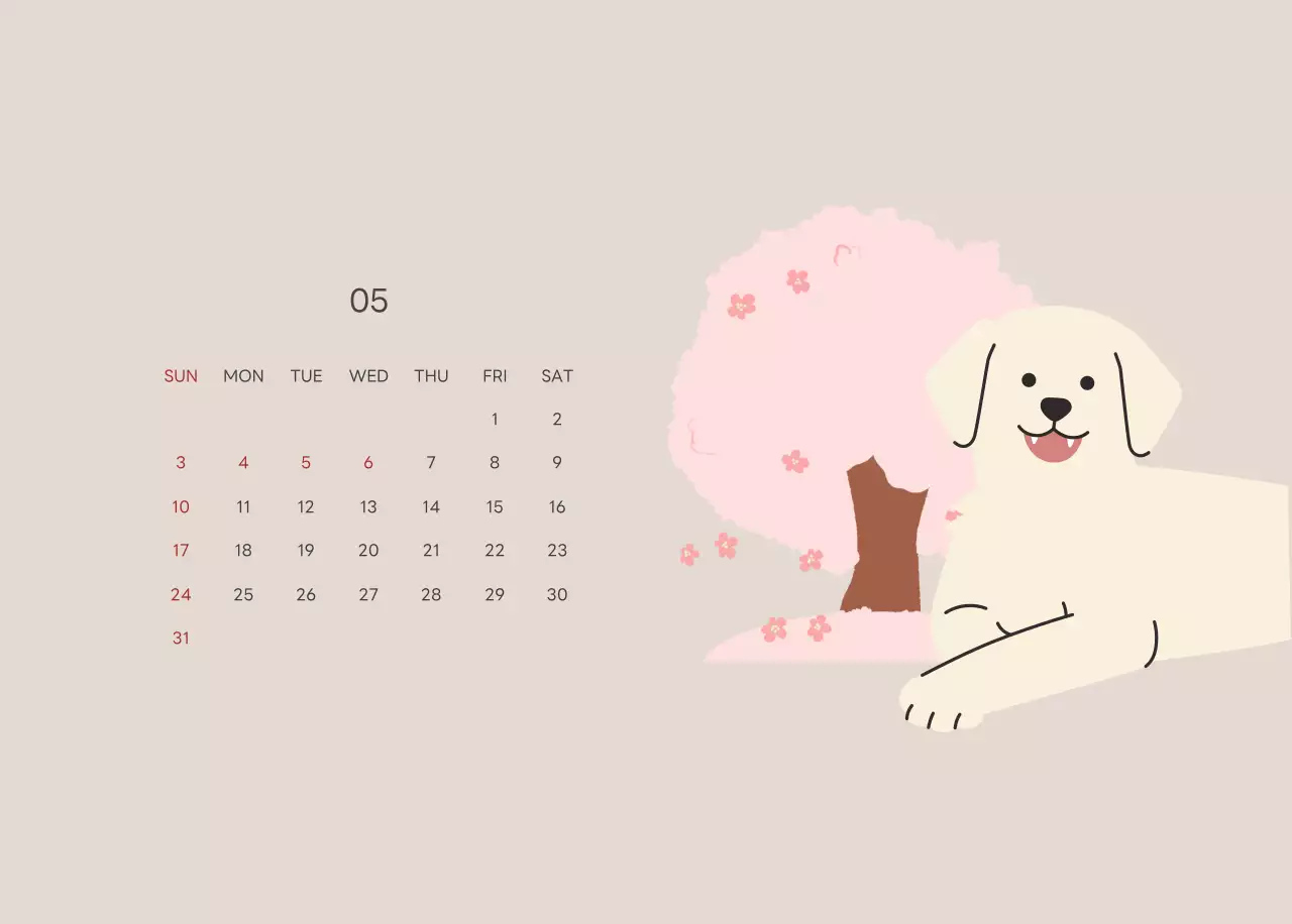 ベージュとグリーンのかわいい2025年子犬の卓上カレンダー