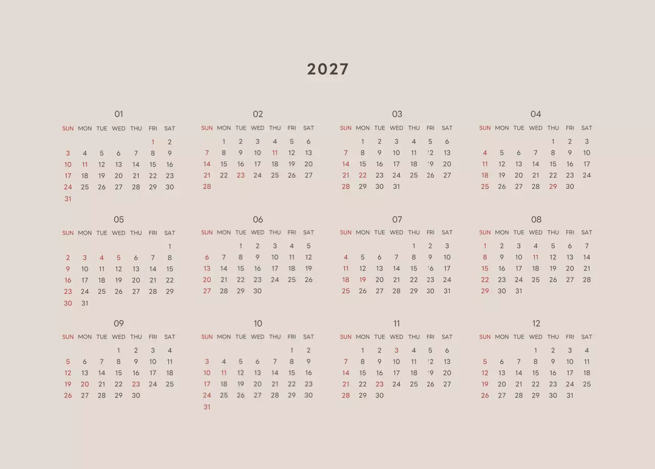 ベージュとグリーンのかわいい2025年子犬の卓上カレンダー