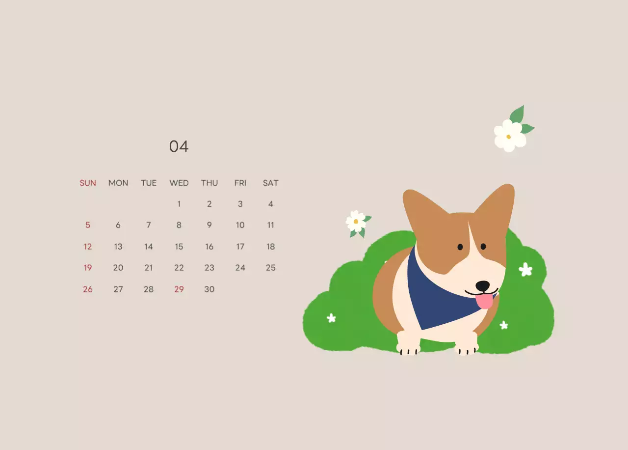 ベージュとグリーンのかわいい2025年子犬の卓上カレンダー