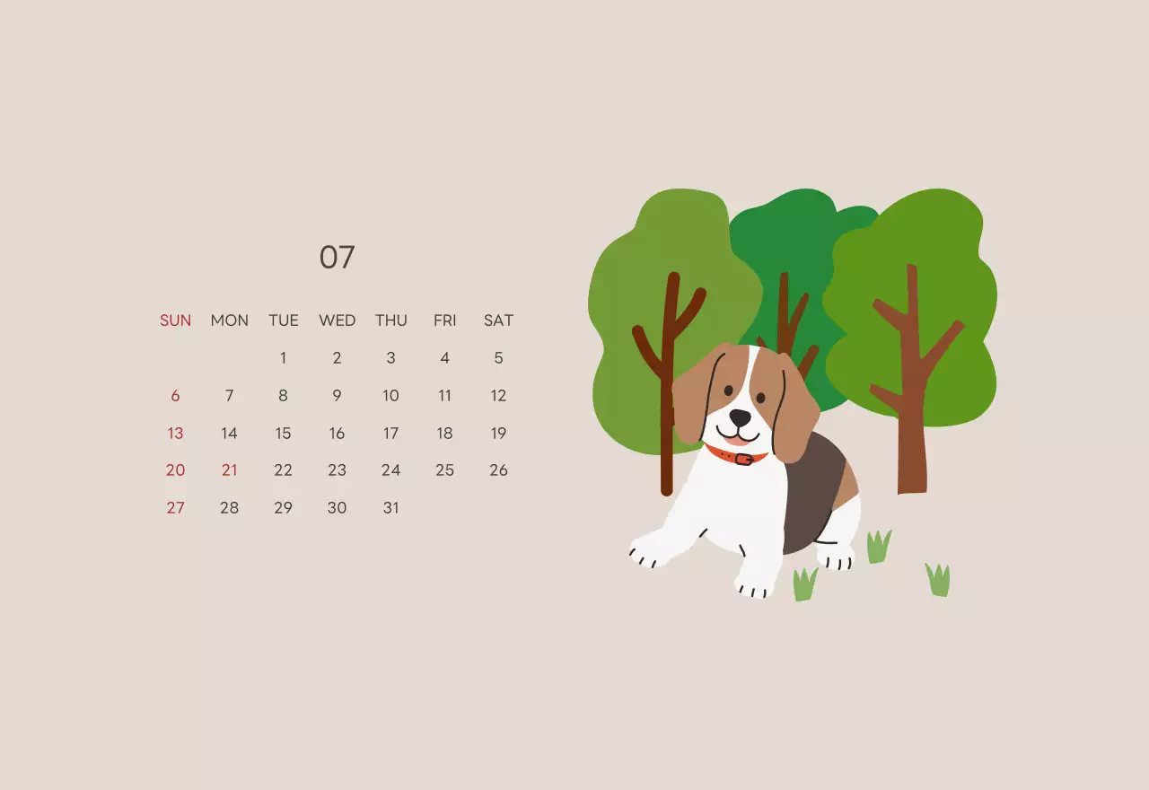 ベージュとグリーンのかわいい2025年子犬の卓上カレンダー