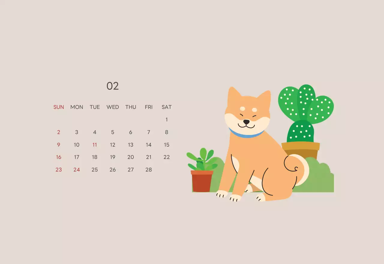 ベージュとグリーンのかわいい2025年子犬の卓上カレンダー