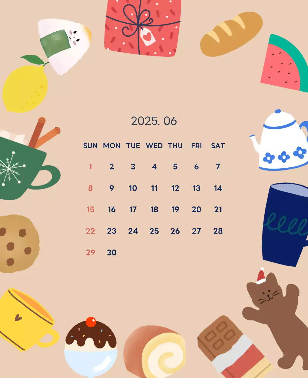 ネイビーブルーとベージュのかわいい2025年卓上カレンダー