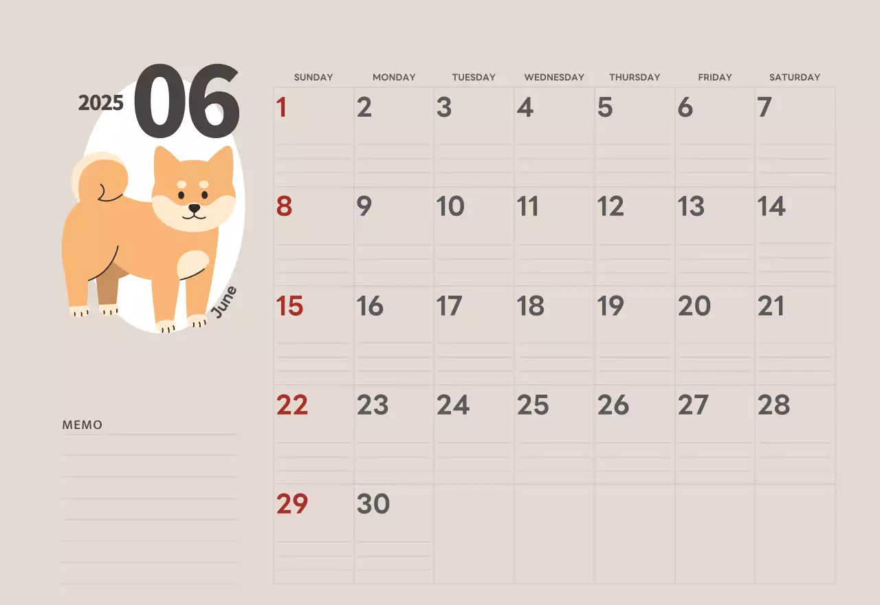 ベージュとグリーンのかわいい2025年子犬の卓上カレンダー