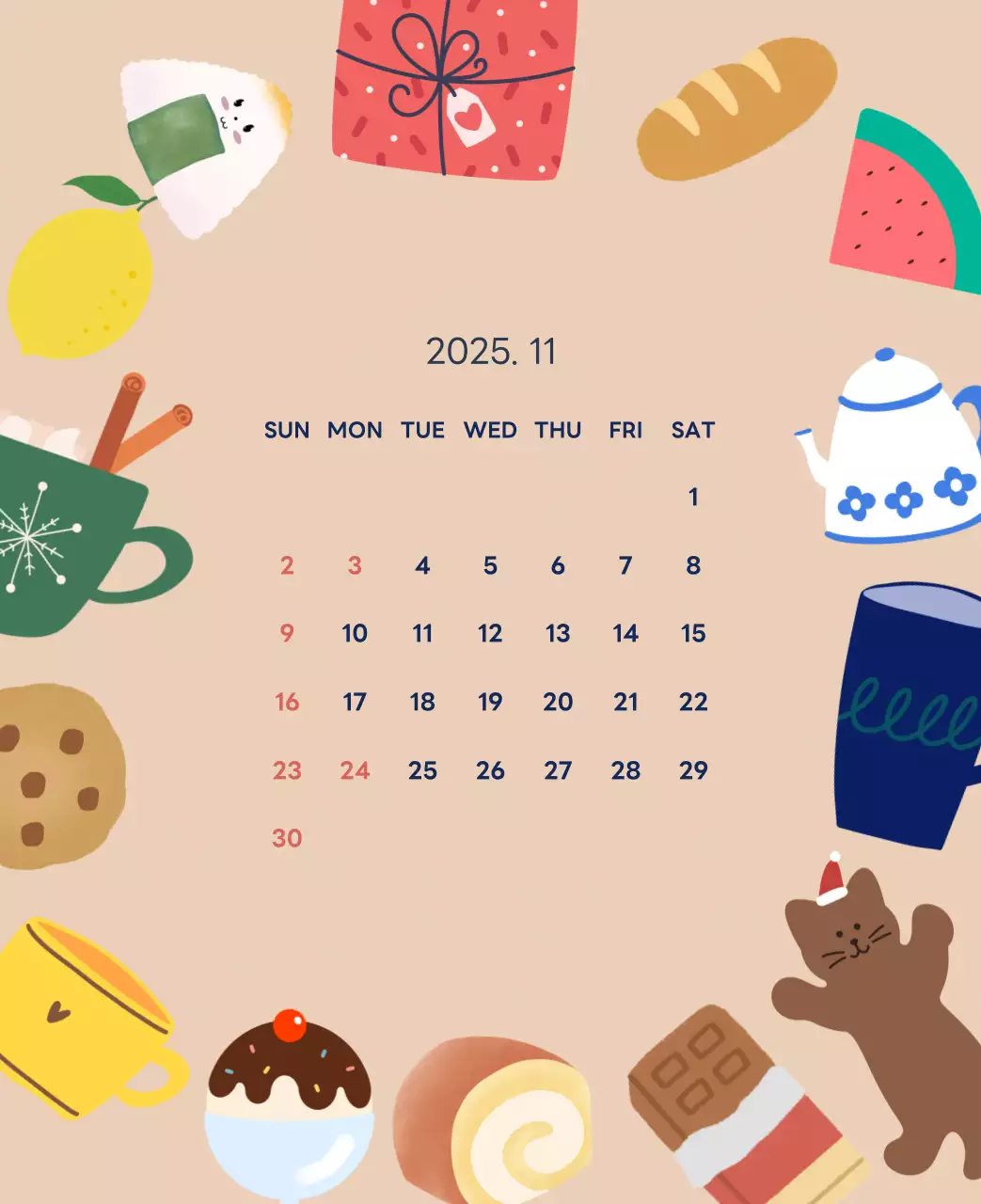 ネイビーブルーとベージュのかわいい2025年卓上カレンダー