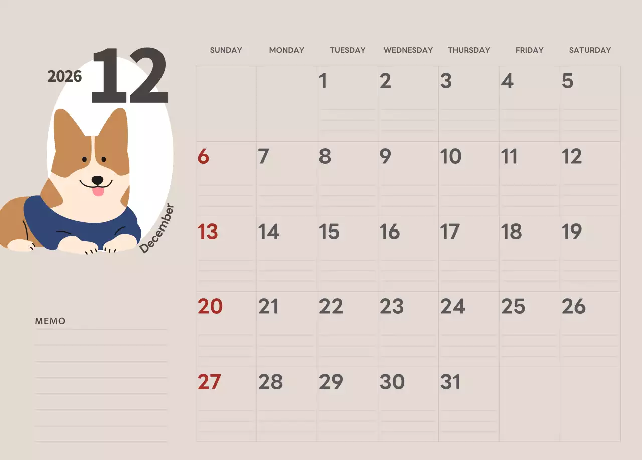 ベージュとグリーンのかわいい2025年子犬の卓上カレンダー