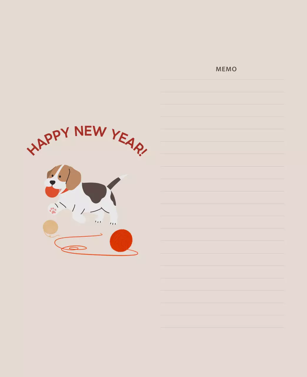 ベージュとグリーンのかわいい2025年子犬の卓上カレンダー