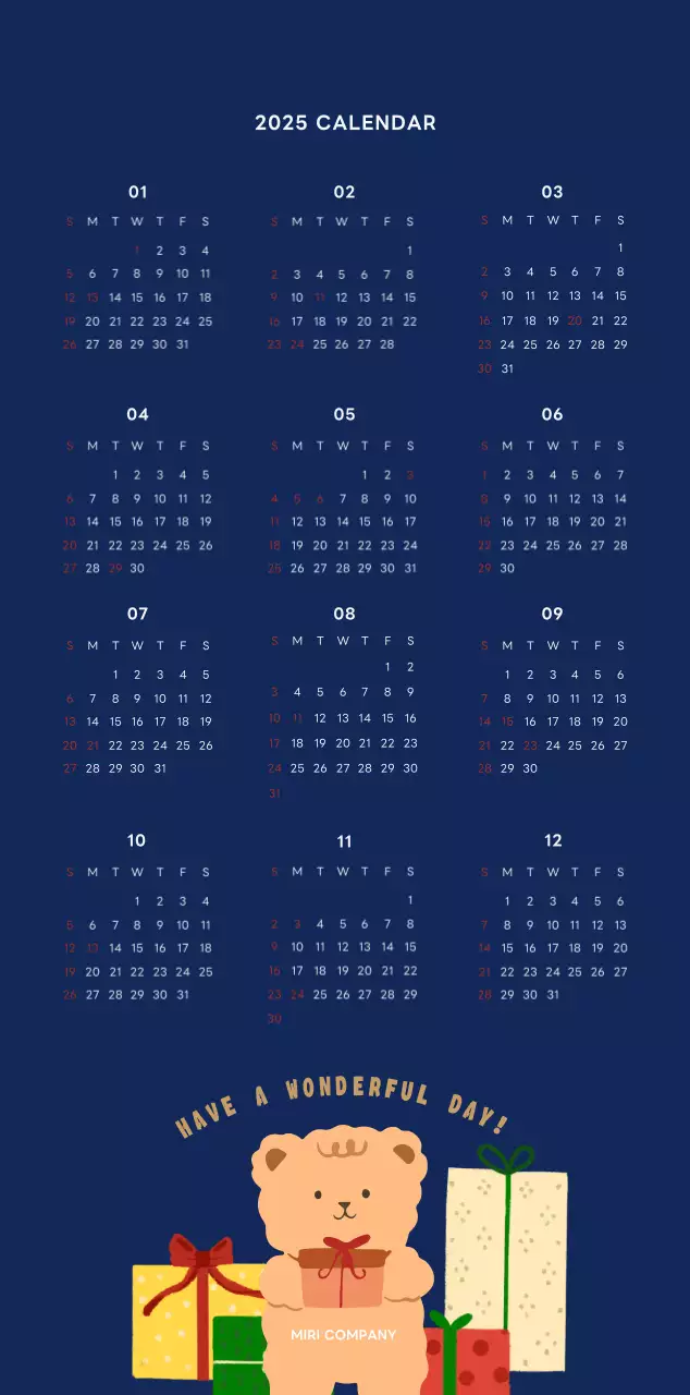 ネイビーブルーとベージュのかわいい2025年壁掛けカレンダー