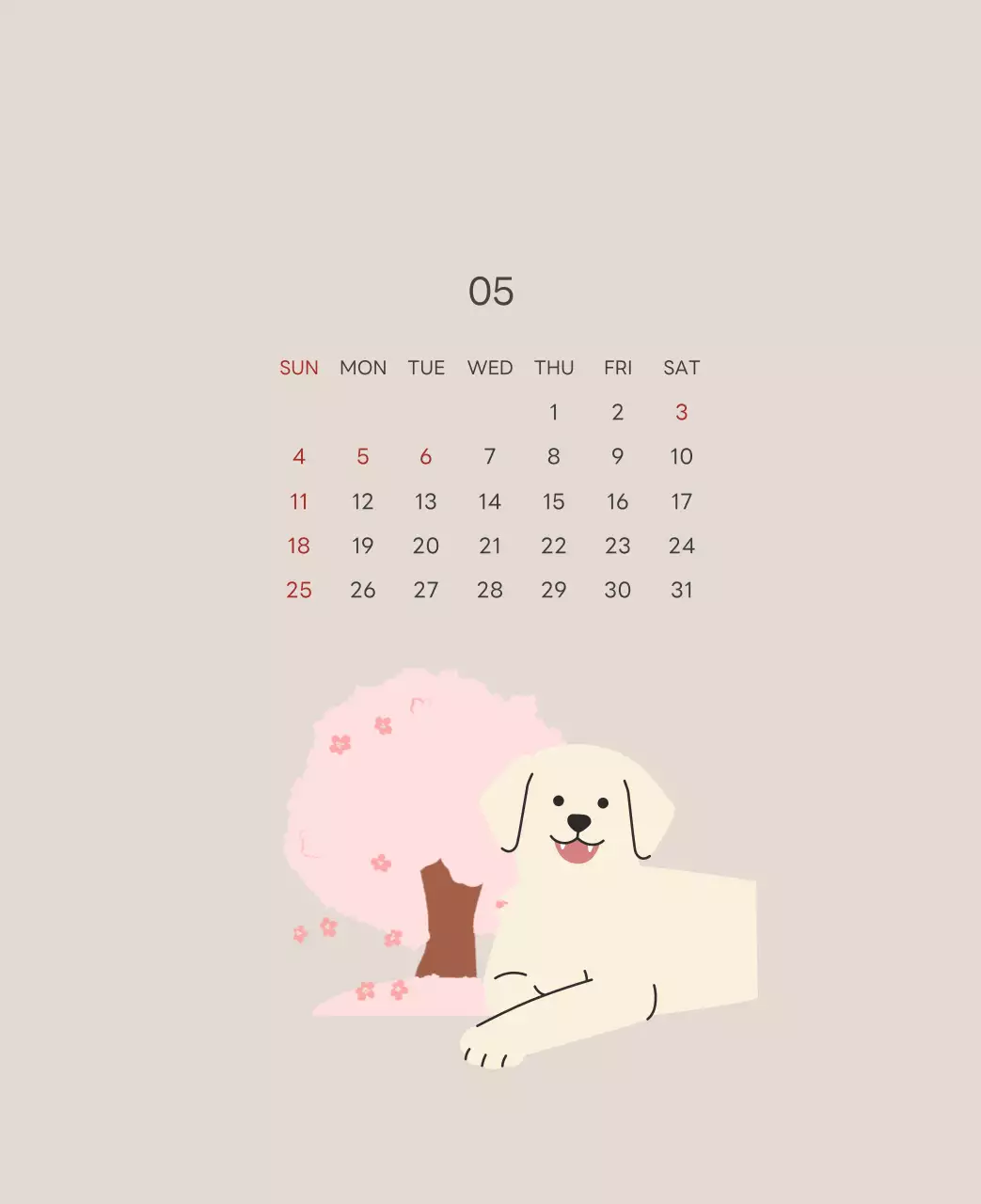 ベージュとグリーンのかわいい2025年子犬の卓上カレンダー