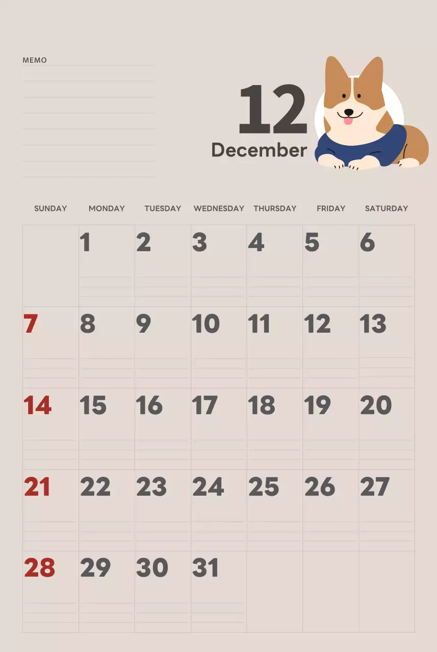 ベージュとグリーンのかわいい2025年の子犬の壁掛けカレンダー