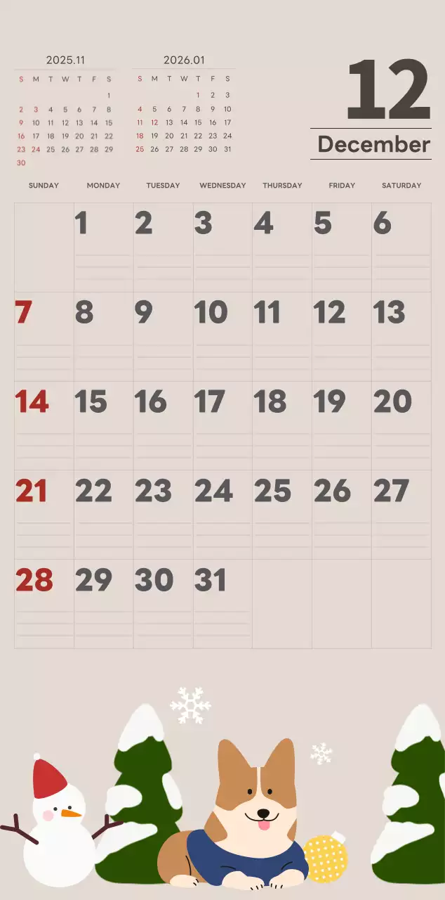 ベージュとグリーンのかわいい2025年の子犬の壁掛けカレンダー