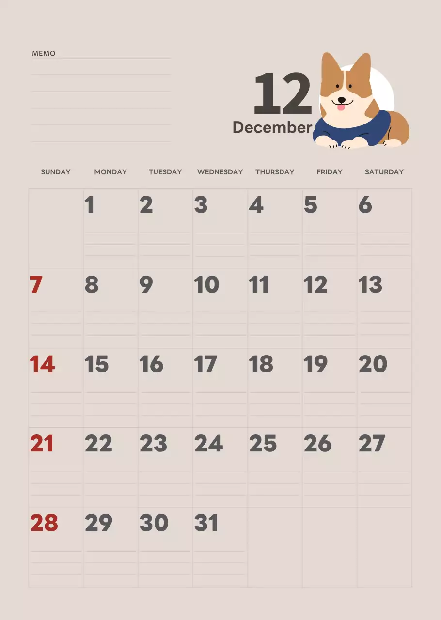 ベージュとグリーンのかわいい2025年の子犬の壁掛けカレンダー