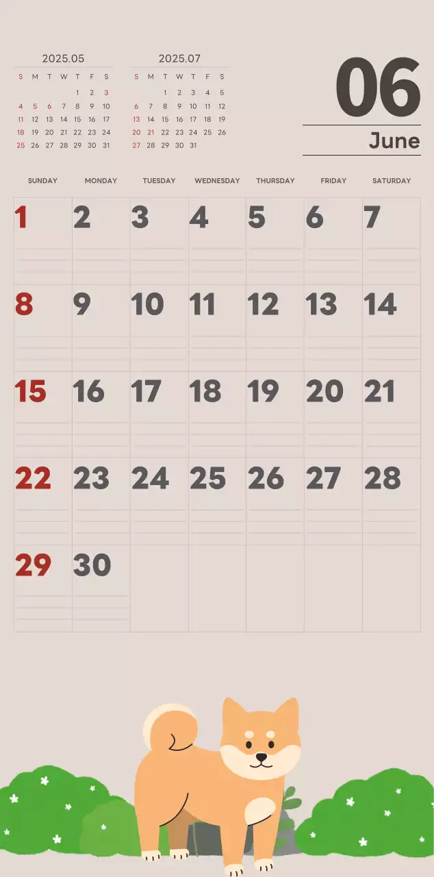 ベージュとグリーンのかわいい2025年の子犬の壁掛けカレンダー