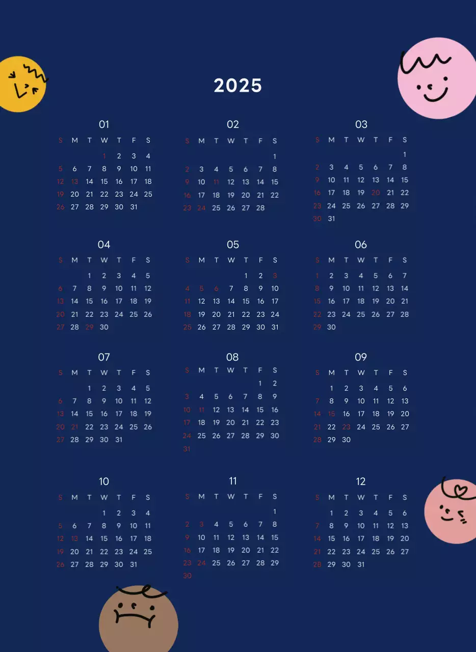 ネイビーブルーとベージュのかわいい2025年壁掛けカレンダー