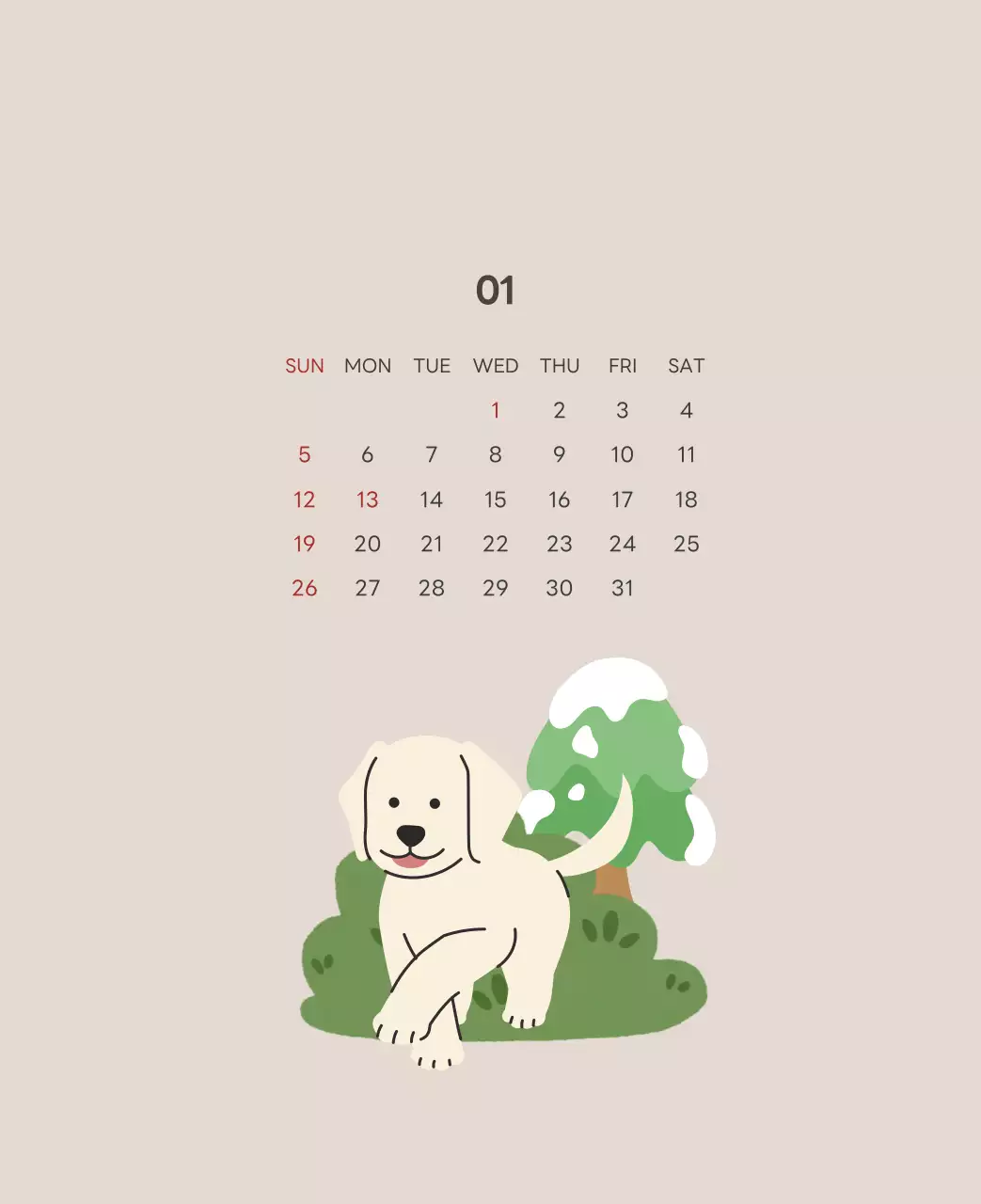 ベージュとグリーンのかわいい2025年子犬の卓上カレンダー