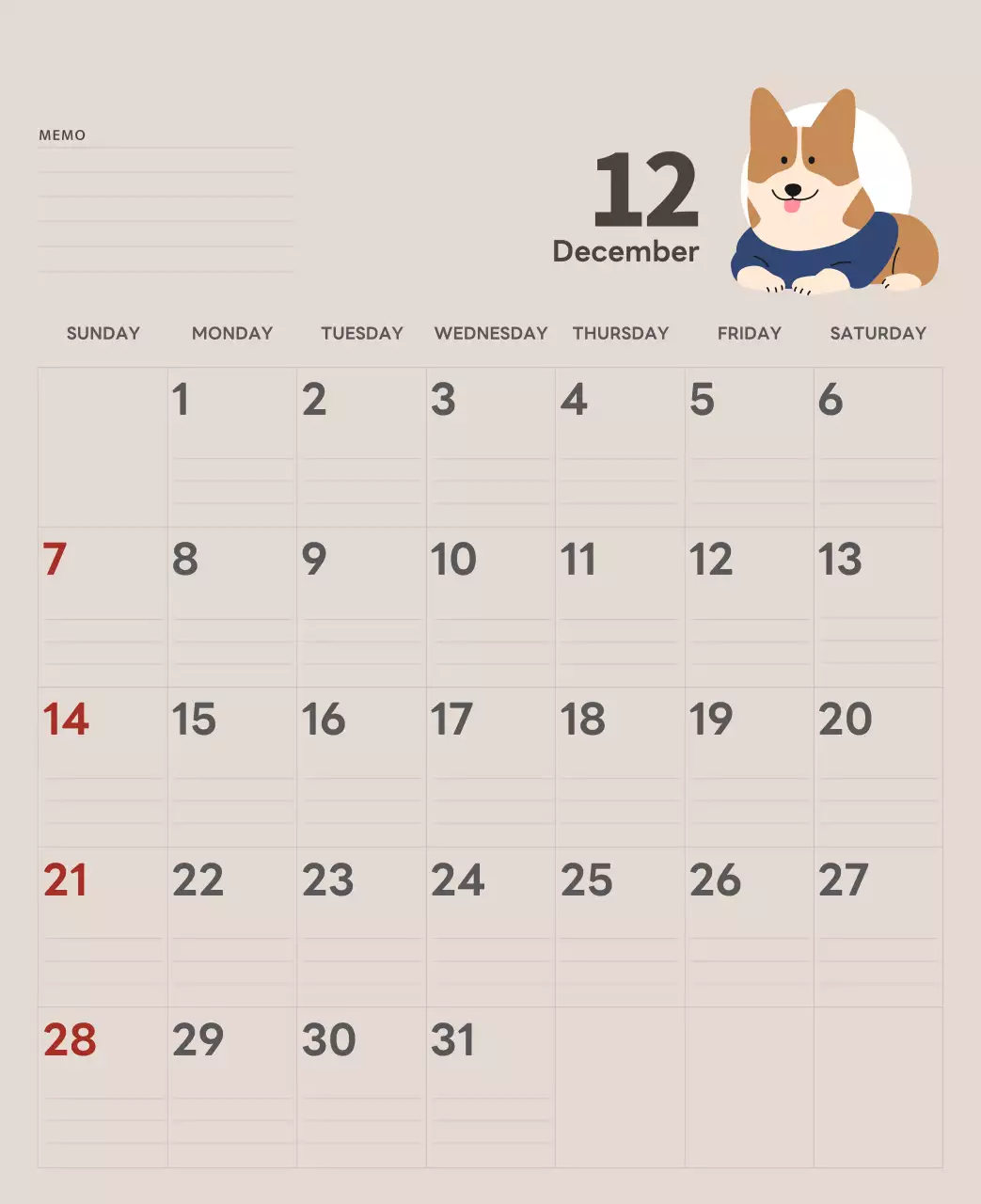 ベージュとグリーンのかわいい2025年子犬の卓上カレンダー