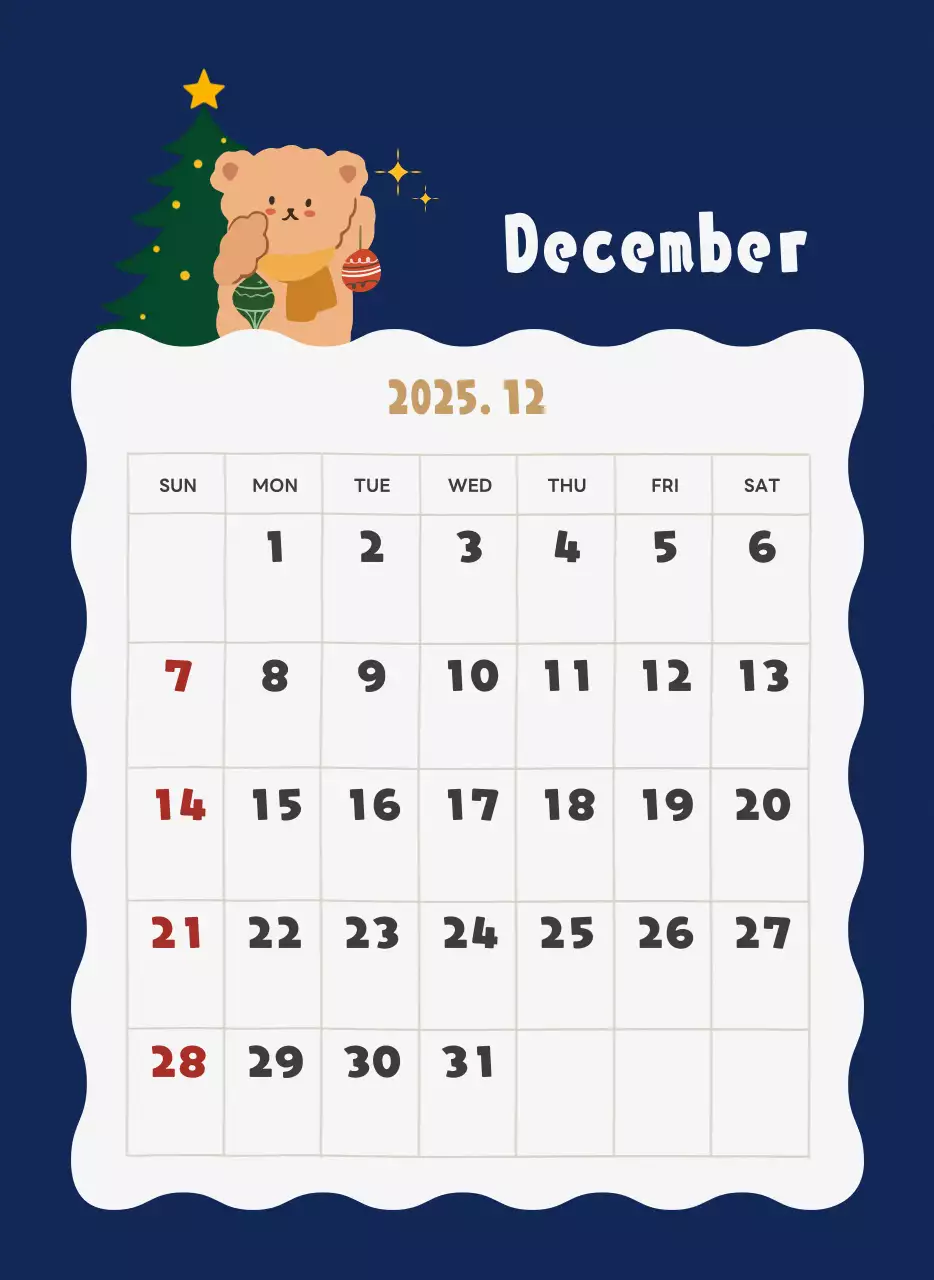 ネイビーブルーとベージュのかわいい2025年壁掛けカレンダー