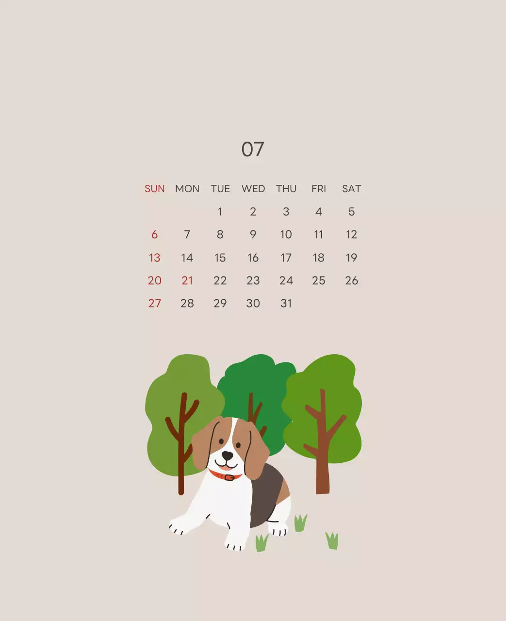 ベージュとグリーンのかわいい2025年子犬の卓上カレンダー