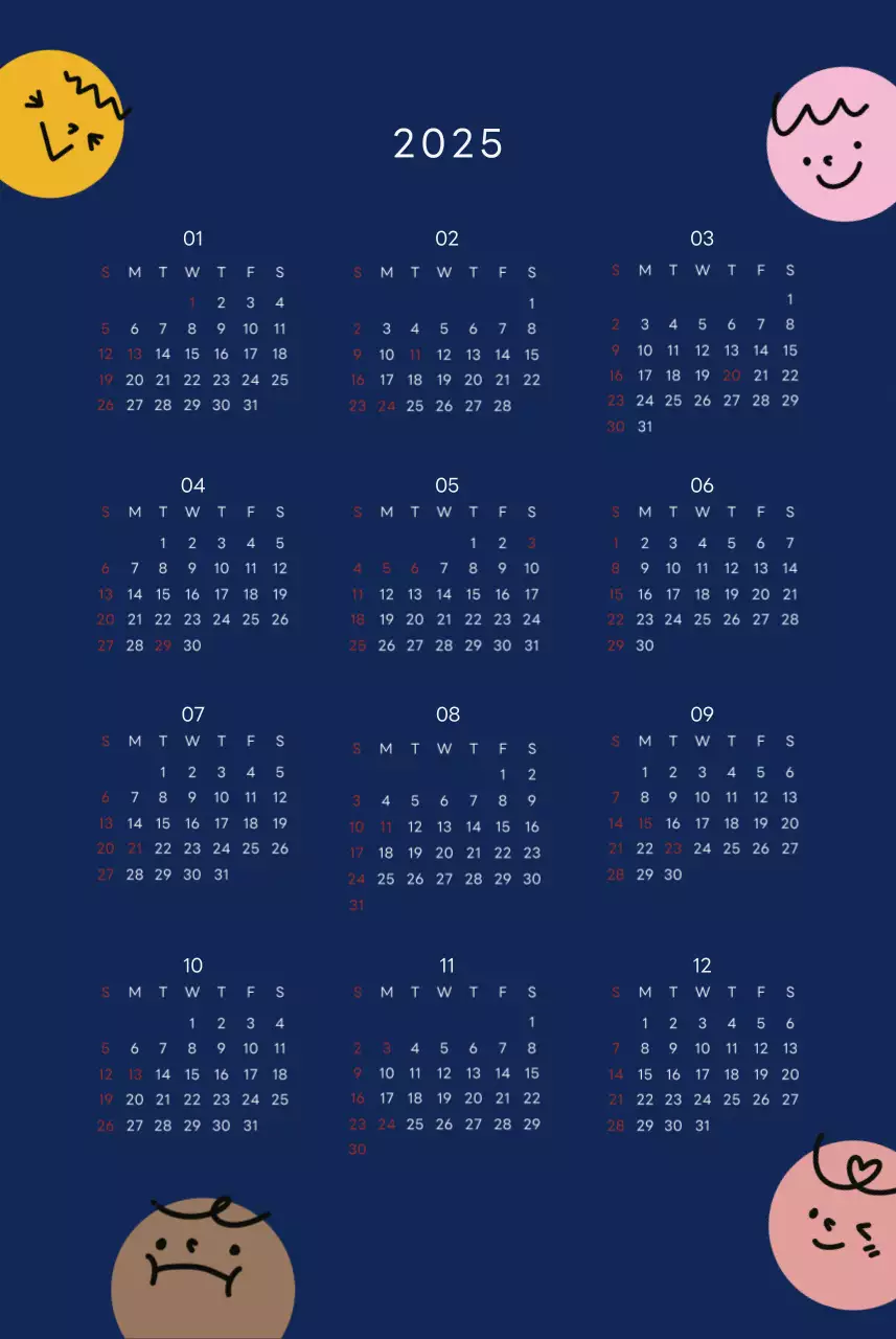 ネイビーブルーとベージュのかわいい2025年壁掛けカレンダー