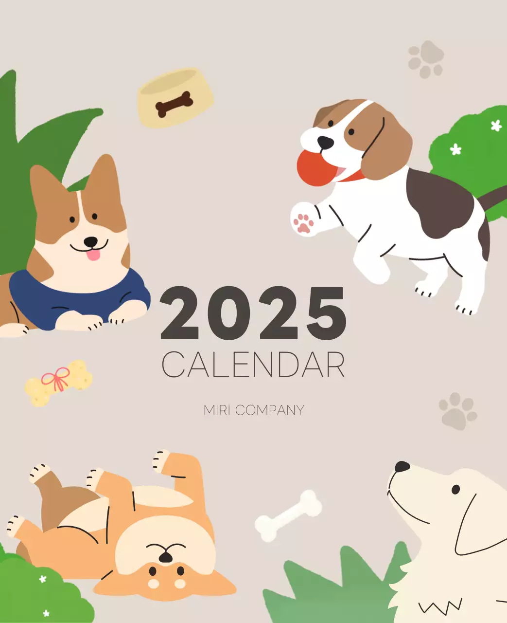 ベージュとグリーンのかわいい2025年子犬の卓上カレンダー