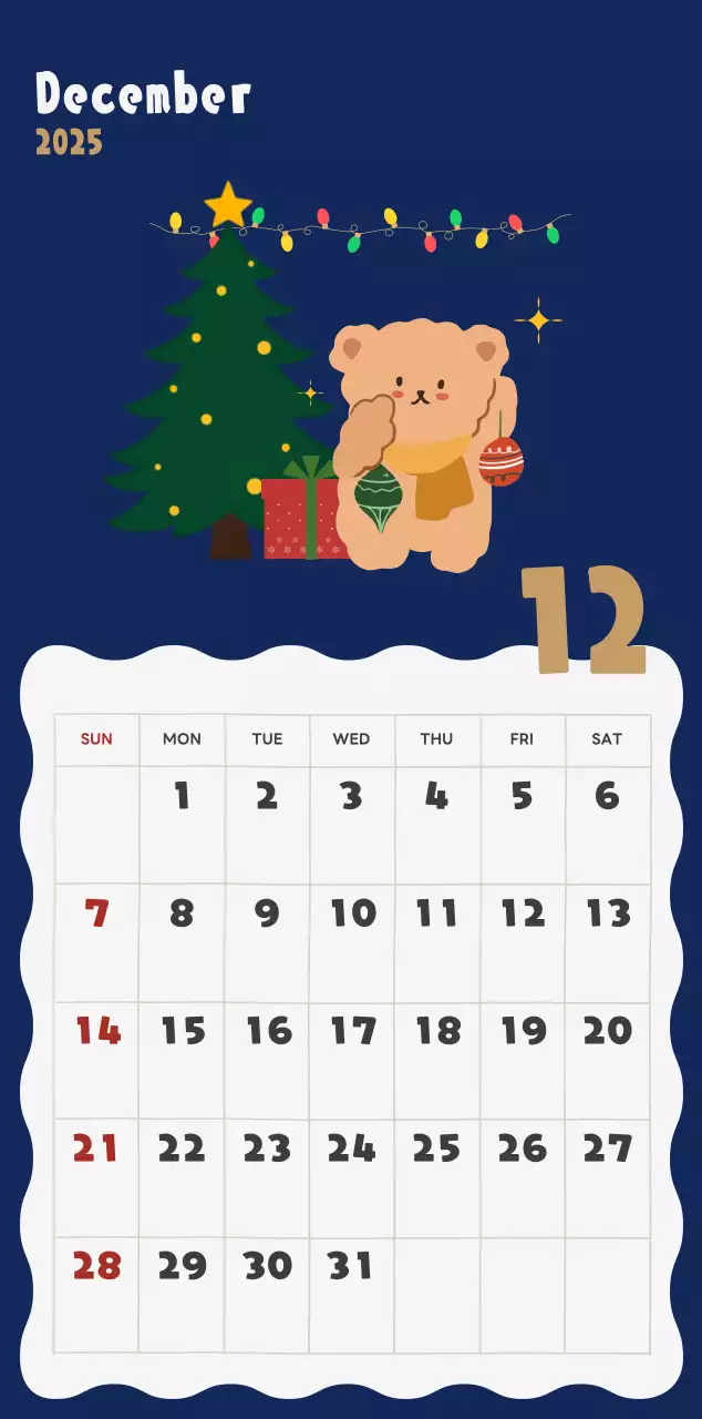 ネイビーブルーとベージュのかわいい2025年壁掛けカレンダー