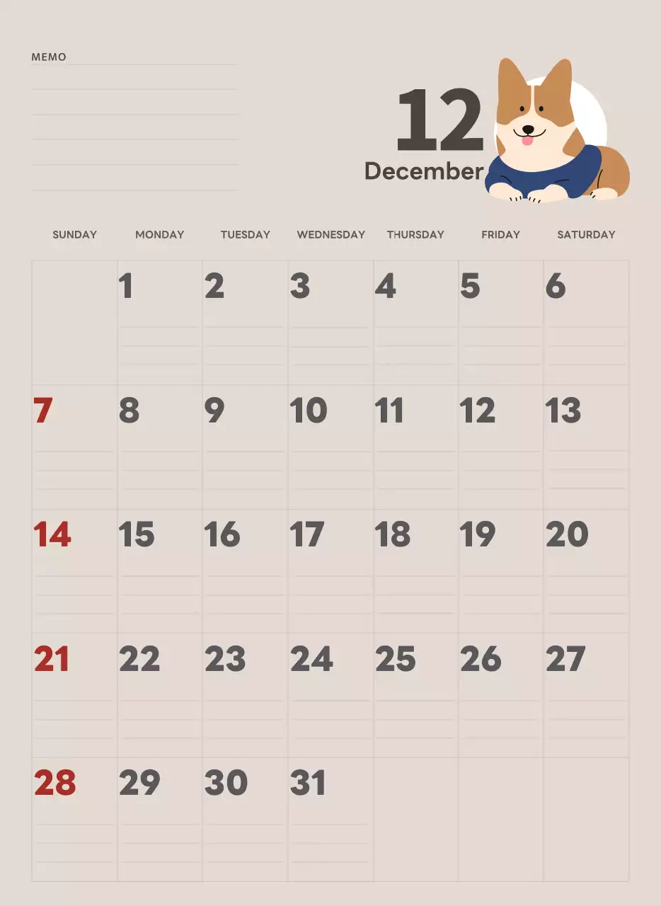 ベージュとグリーンのかわいい2025年の子犬の壁掛けカレンダー