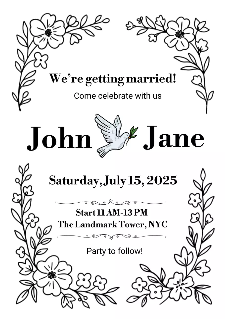 Minimal Black and White Wedding Announcement with Dove Motif