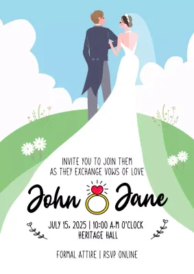Playful Illustration Wedding Invitation in Blue and Green