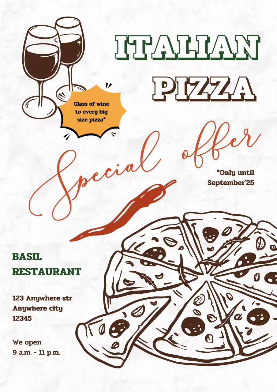 Pizza and wine special offer advertisement in sketch retro style