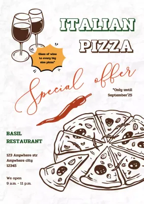 Pizza and wine special offer advertisement in sketch retro style