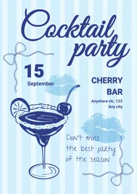 Cocktail Party invitation with hand drawn drink in blue colors