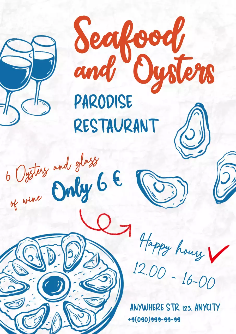 Retro style happy hours restaurant advertising in blue and red colors