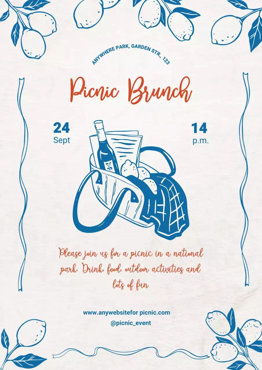 Trendy dolce vita Italian style picnic party invitation in blue and red colors