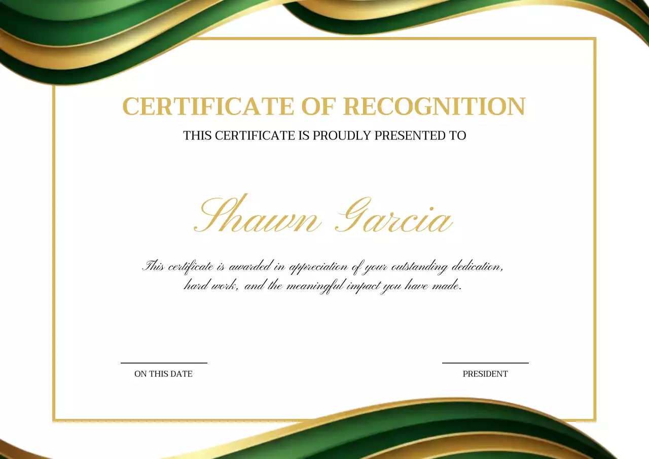 Gold and green Modern recognition certificate
