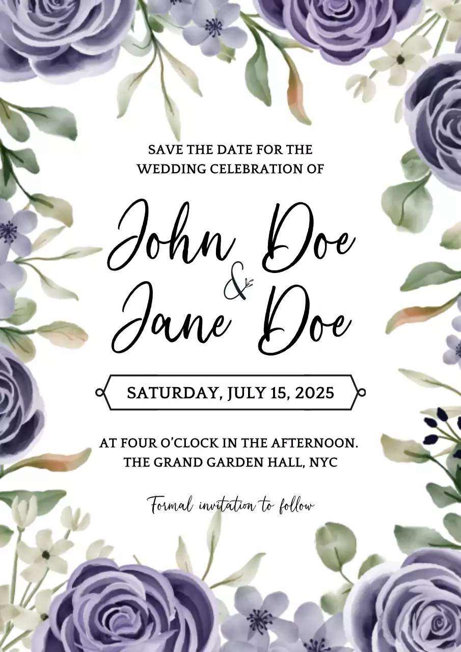 Elegant Violet Watercolor Wedding Save the Date Invitation