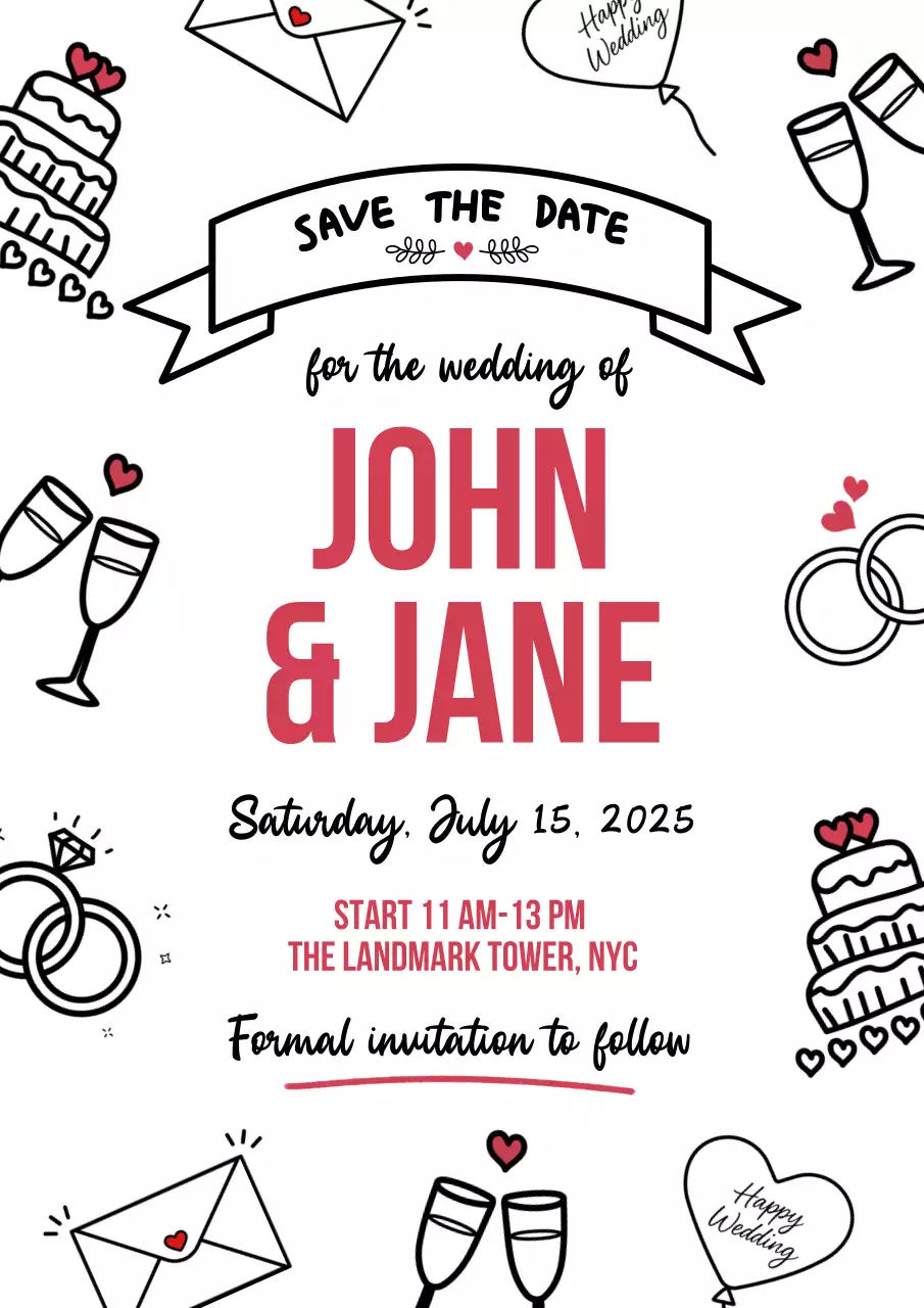 Hand-Drawn Wedding Save the Date Invitation in Black and Red